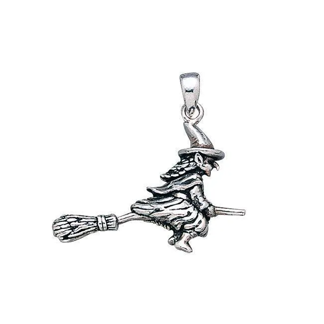 A mystical and playful ride ~ Sterling Silver Witch on Broomstick Pendant Jewelry TP1527