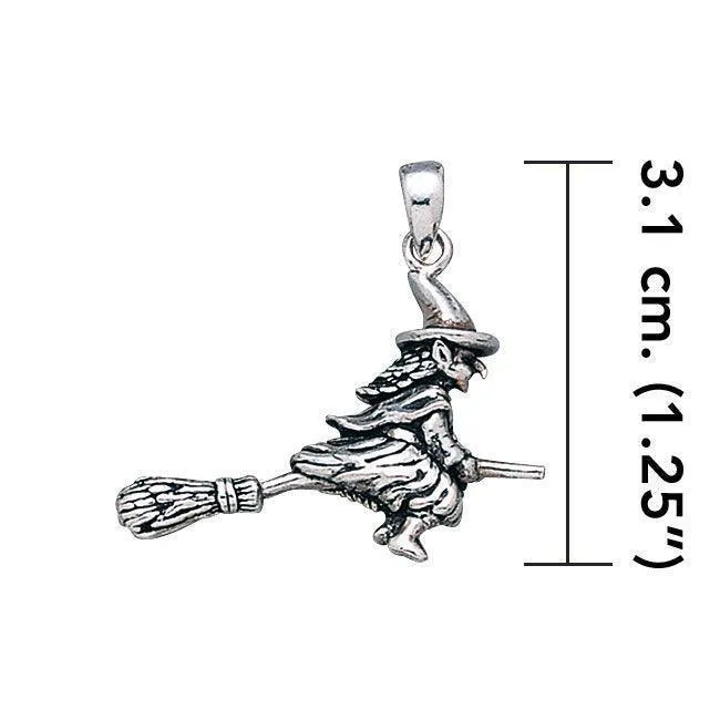 A mystical and playful ride ~ Sterling Silver Witch on Broomstick Pendant Jewelry TP1527