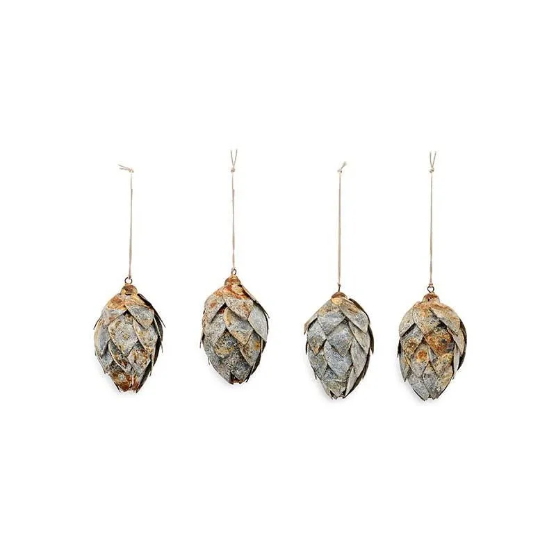 Aged Zinc Fir Cone Hanging Decoration - Set of Four