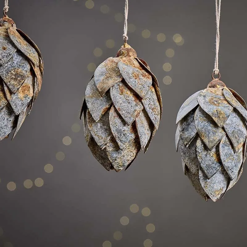 Aged Zinc Fir Cone Hanging Decoration - Set of Four