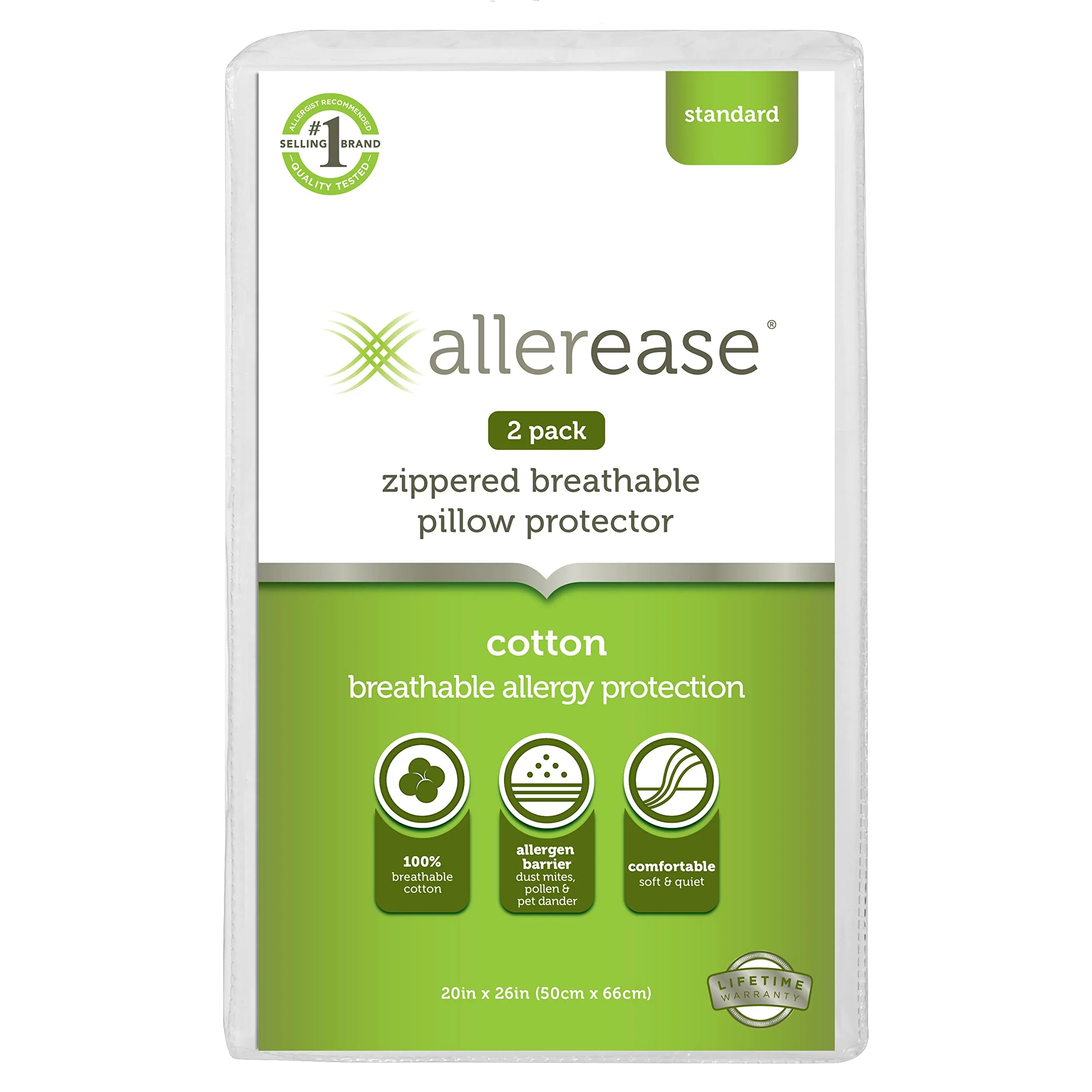 AllerEase 100% Cotton Allergy Protection Pillow Protectors - Hypoallergenic, Zippered, Allergist Recommended, Prevent Collection of Dust Mites and Other Allergens, Standard Sized, 20" x 26" (Set of 2)