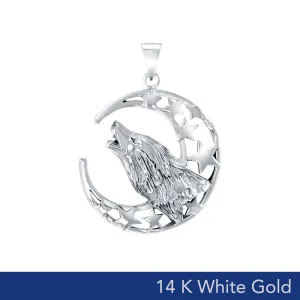 Baying wolf around the celestial beauty ~ 14K White Gold Jewelry Pendant WTP831