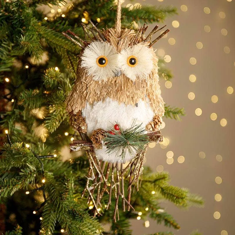 Brown Bristle Owl Christmas Tree Decoration - 27cm