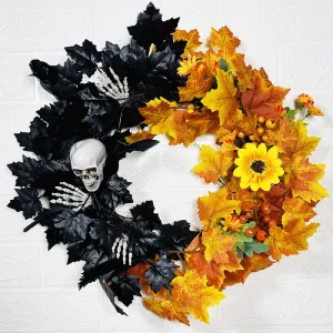 Bulk Halloween Mesh Pine Cone Berry Rattan Black Wreath With Skull 18'' Wholesale