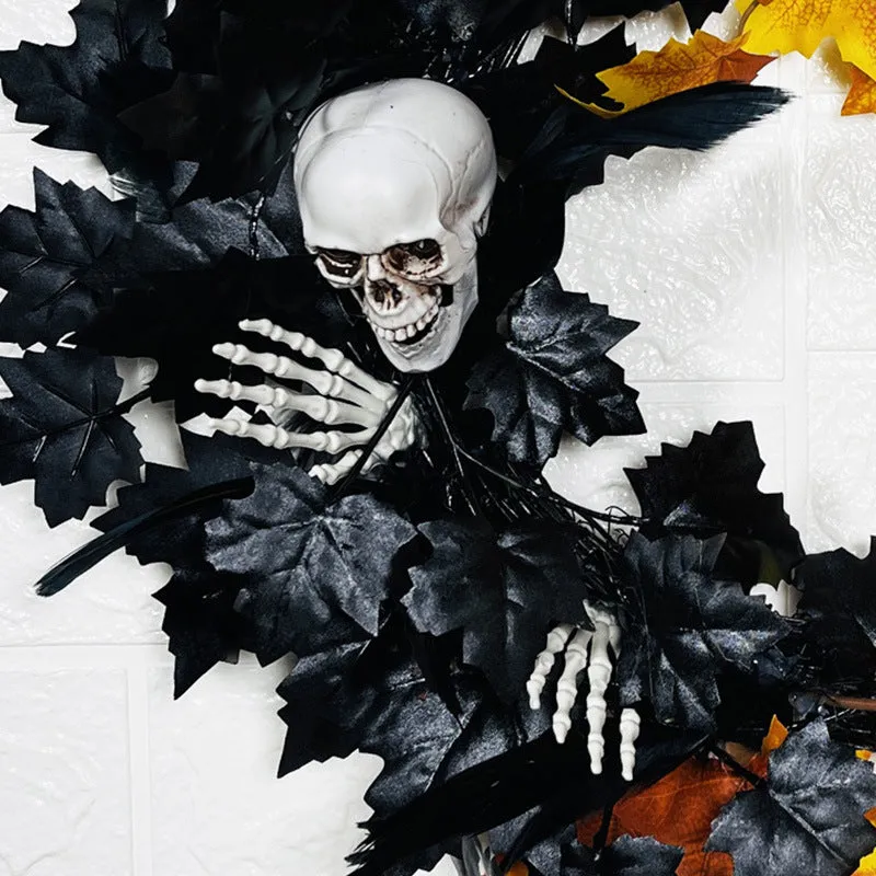 Bulk Halloween Mesh Pine Cone Berry Rattan Black Wreath With Skull 18'' Wholesale