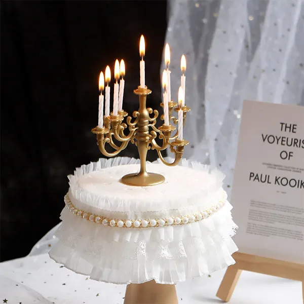 Cake Topper - Gold Mini Plastic Candle Stand with 9 Pcs White Candlesticks for Wedding & Birthday Cake