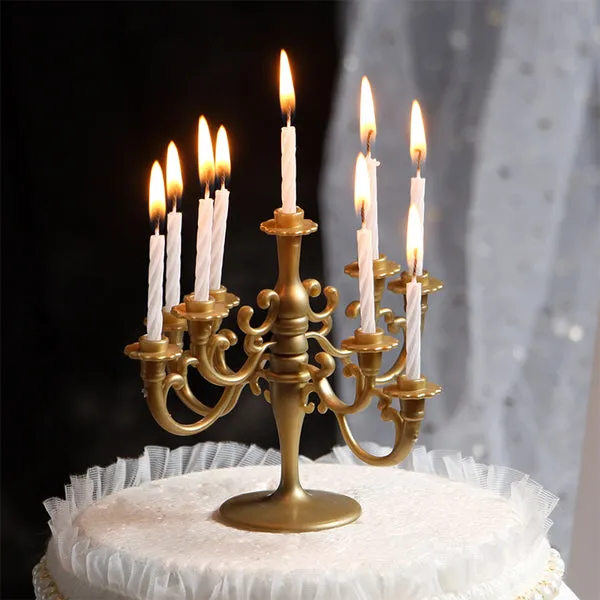 Cake Topper - Gold Mini Plastic Candle Stand with 9 Pcs White Candlesticks for Wedding & Birthday Cake