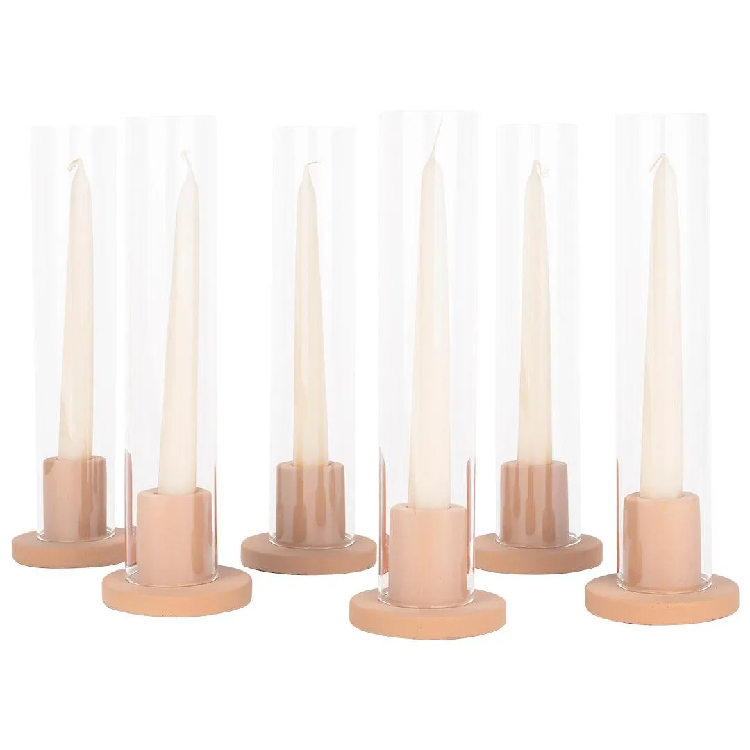 Ceramic Taper Candle Holders with Glass Hurricane Shades, Set of 6