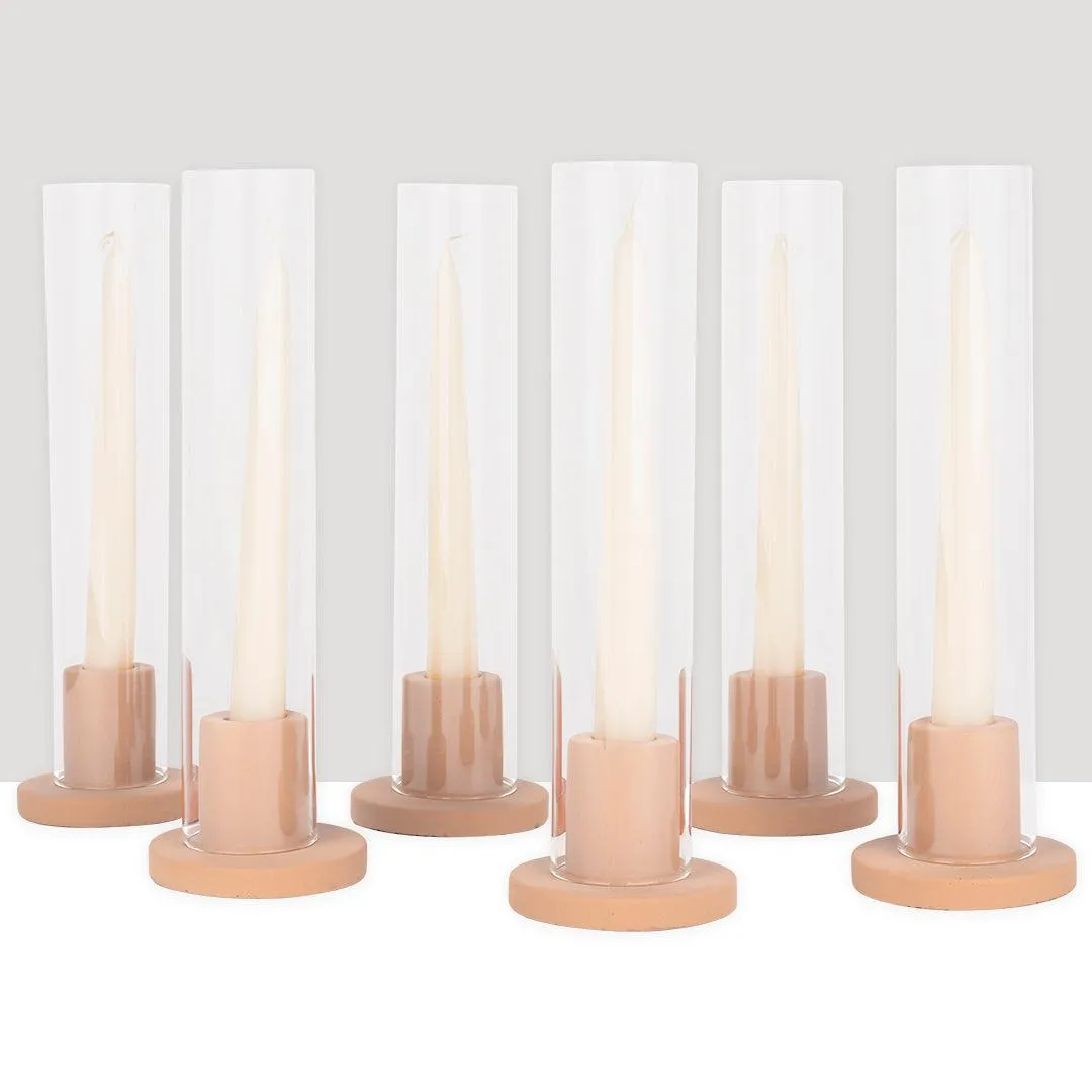 Ceramic Taper Candle Holders with Glass Hurricane Shades, Set of 6