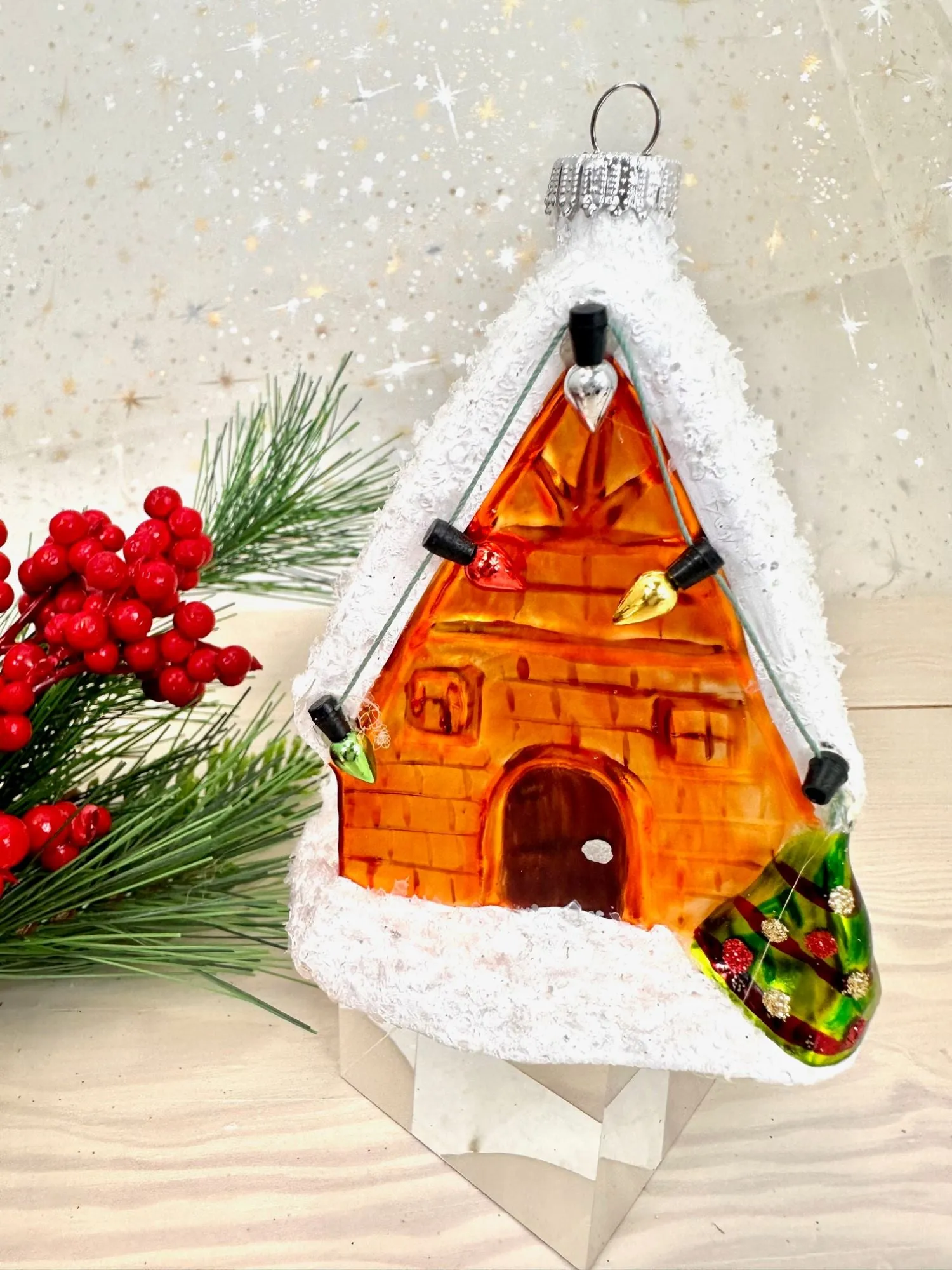 Christmas By Krebs Blown Glass  Collectible Tree Ornaments  (4" Ski Hut)