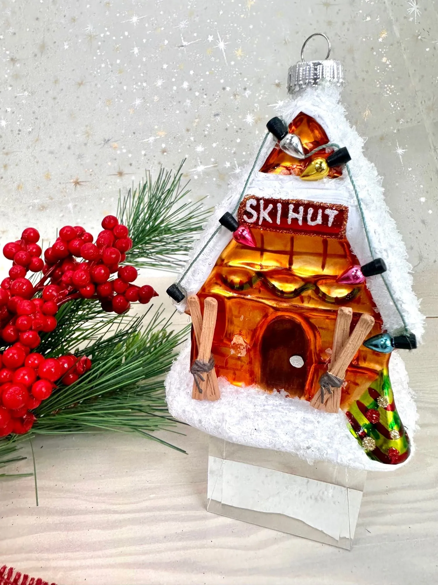 Christmas By Krebs Blown Glass  Collectible Tree Ornaments  (4" Ski Hut)