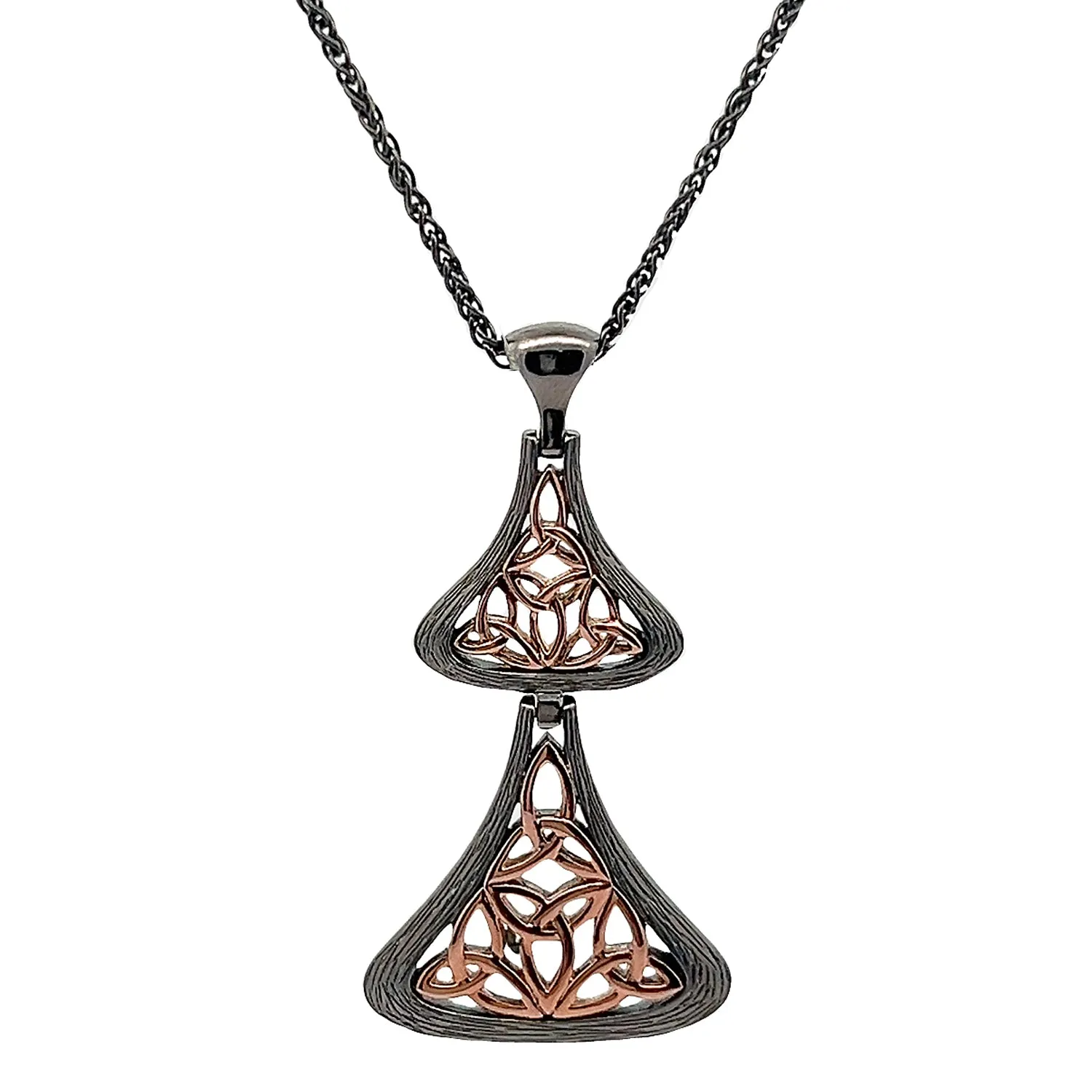 Darkened Silver and 10k Rose Gold Celtic Double Trinity Bell Pendant