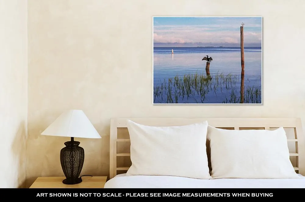 Gallery Wrapped Canvas, Seabirds Birds On Poles In The Sea At Sunrise Tampa Bay Florida