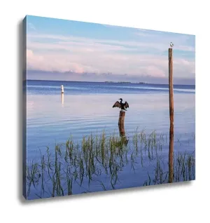 Gallery Wrapped Canvas, Seabirds Birds On Poles In The Sea At Sunrise Tampa Bay Florida