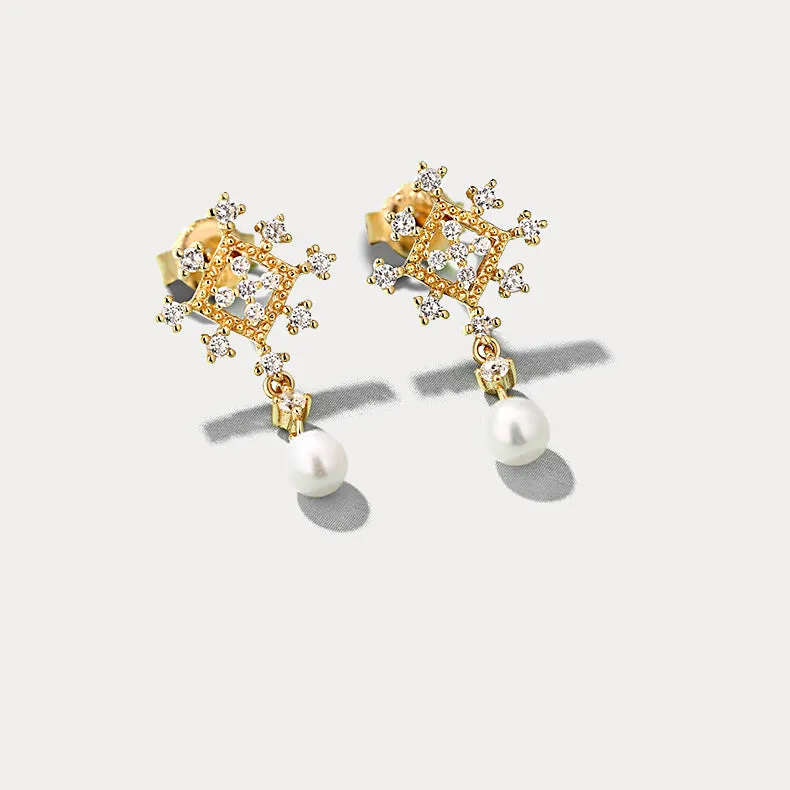 Gold Snowflake Pearl Earrings