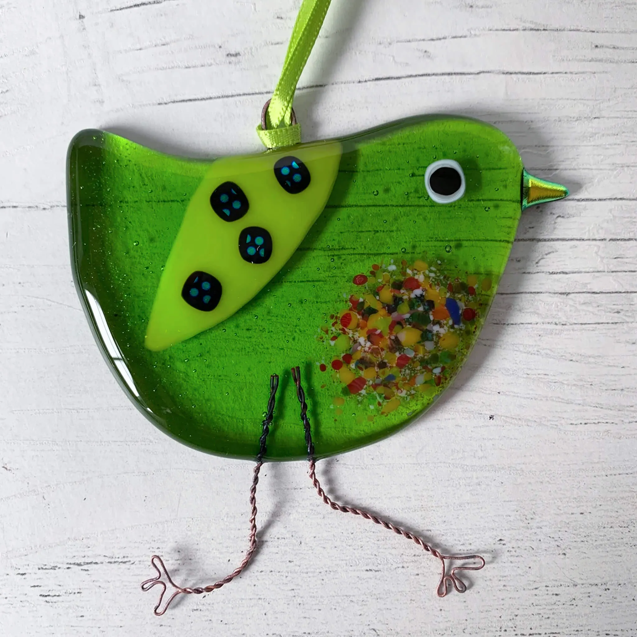 Green Fused Glass Hanging Bird Decoration