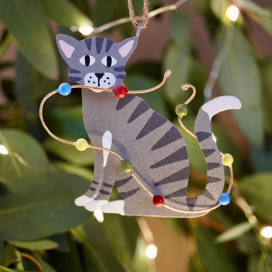 Grey Cat with Christmas Lights