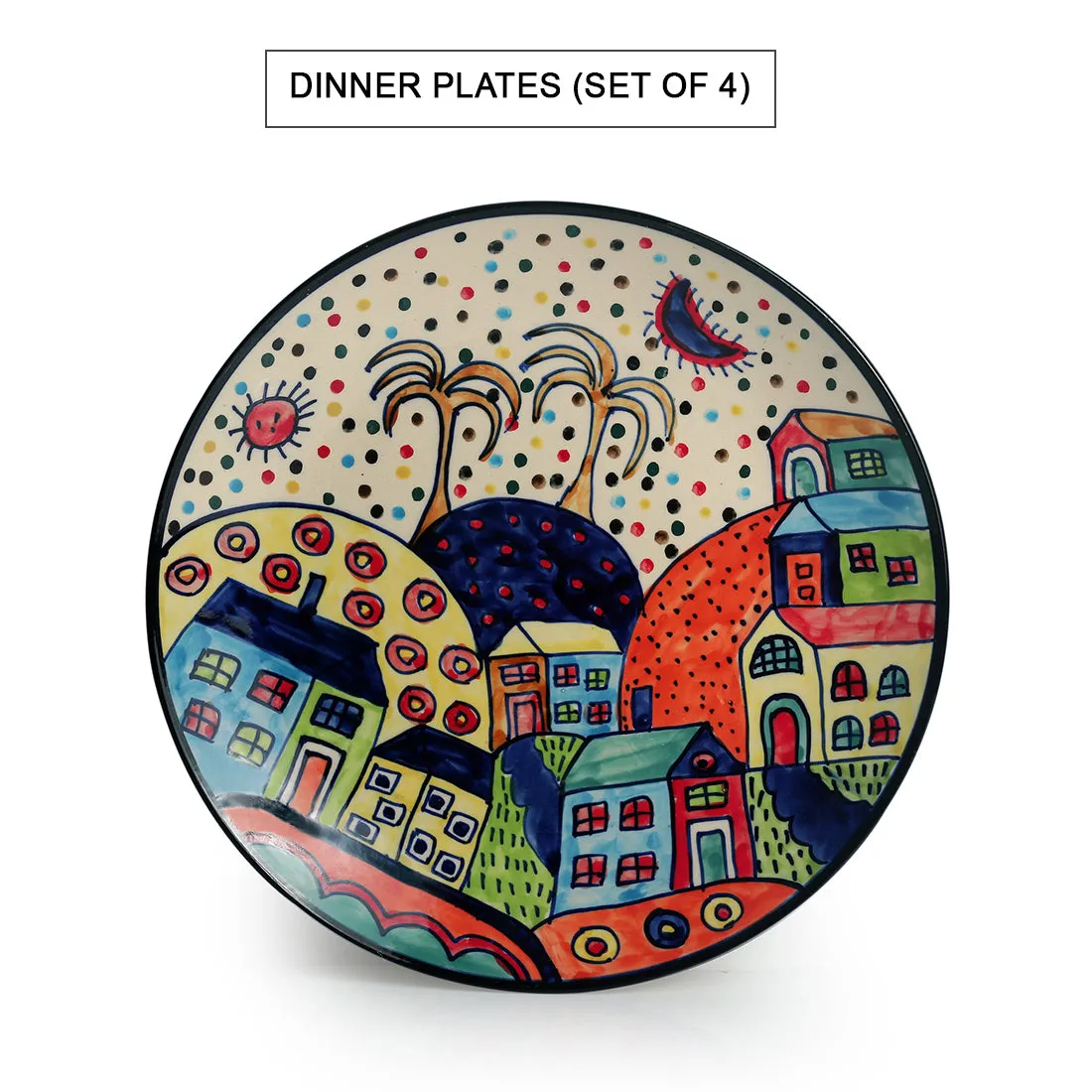 'Hut Dining' Handpainted Ceramic Dinner Plates With Katoris (8 Pieces, Serving for 4)