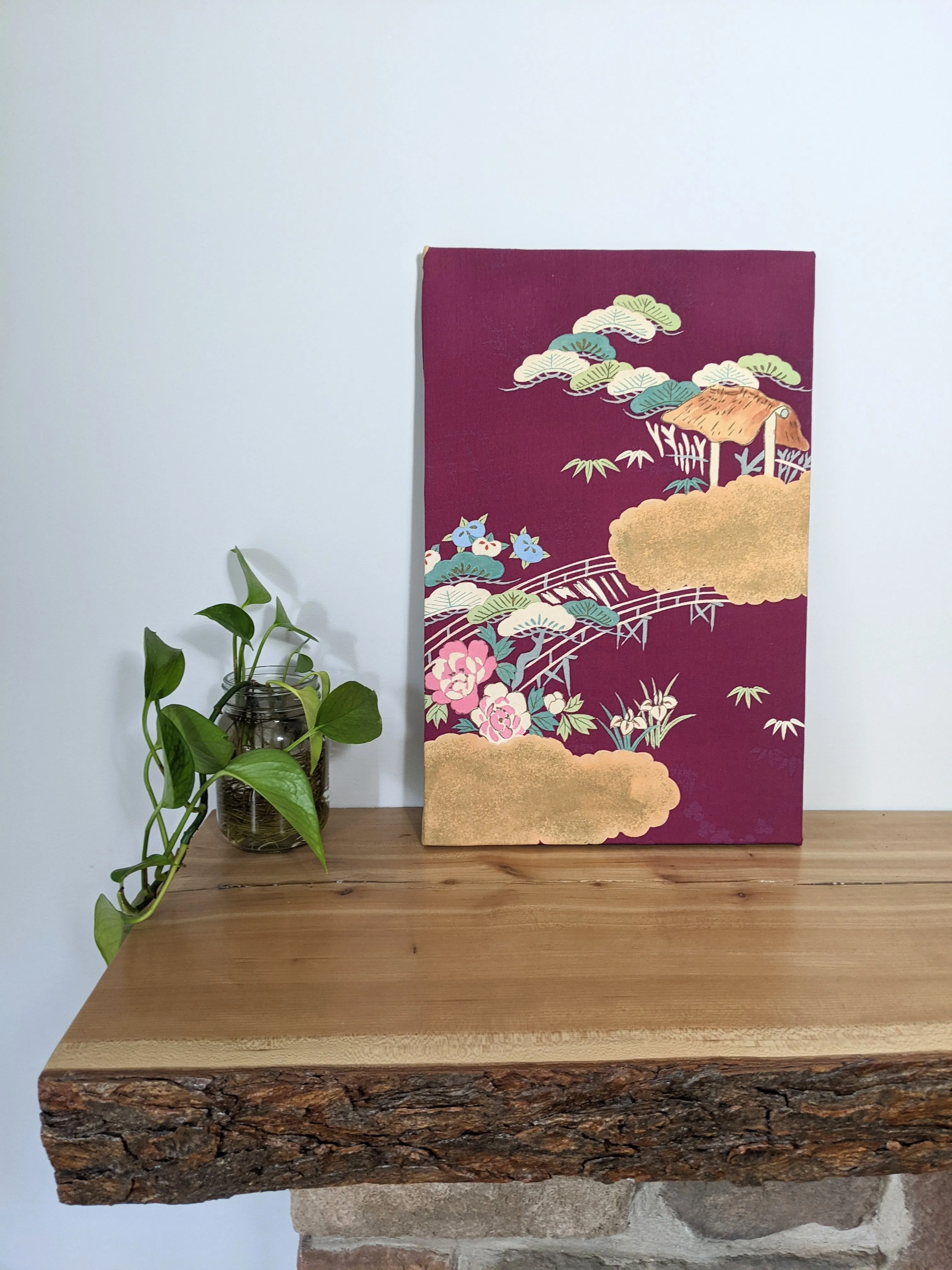 Japanese bridge landscape wall art (red purple)