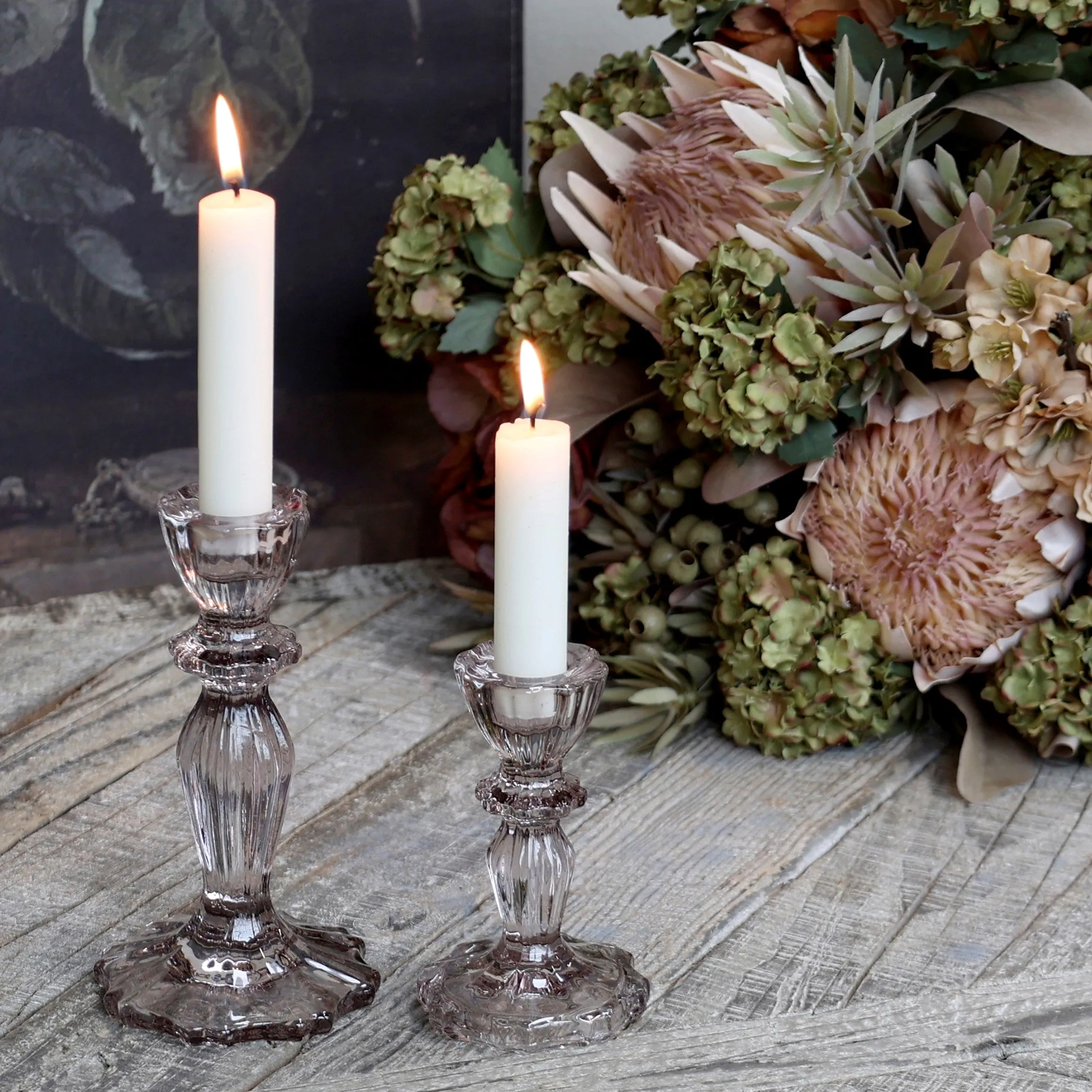 Lace Edged Glass Candlestick - Taupe - Two Sizes