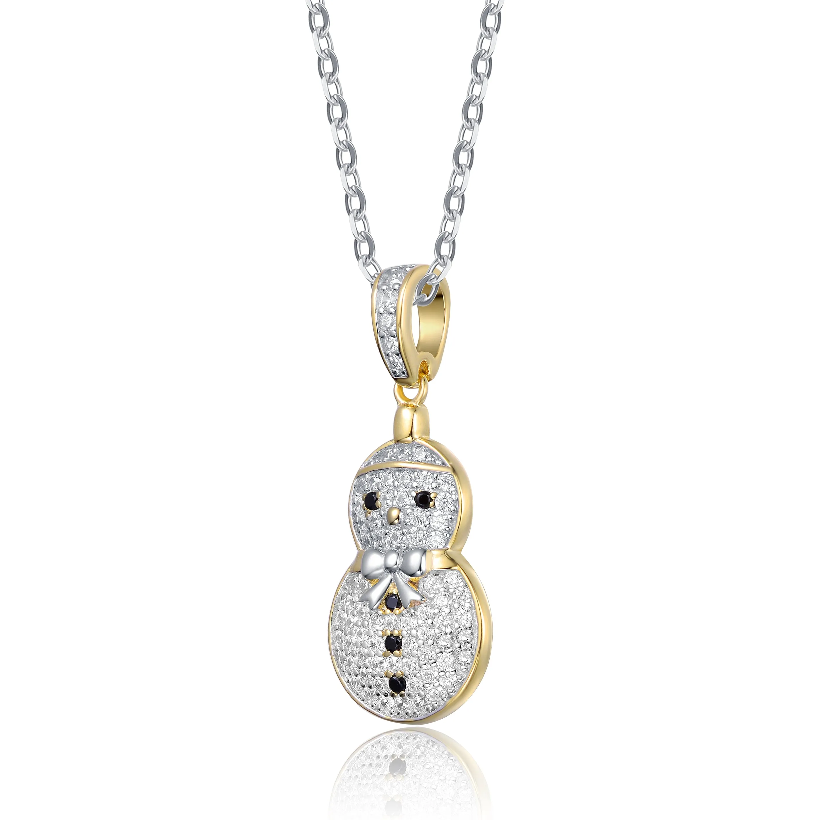 Rhodium Plated Sterling Silver Cubic Zirconia Snowman Pendant Necklace