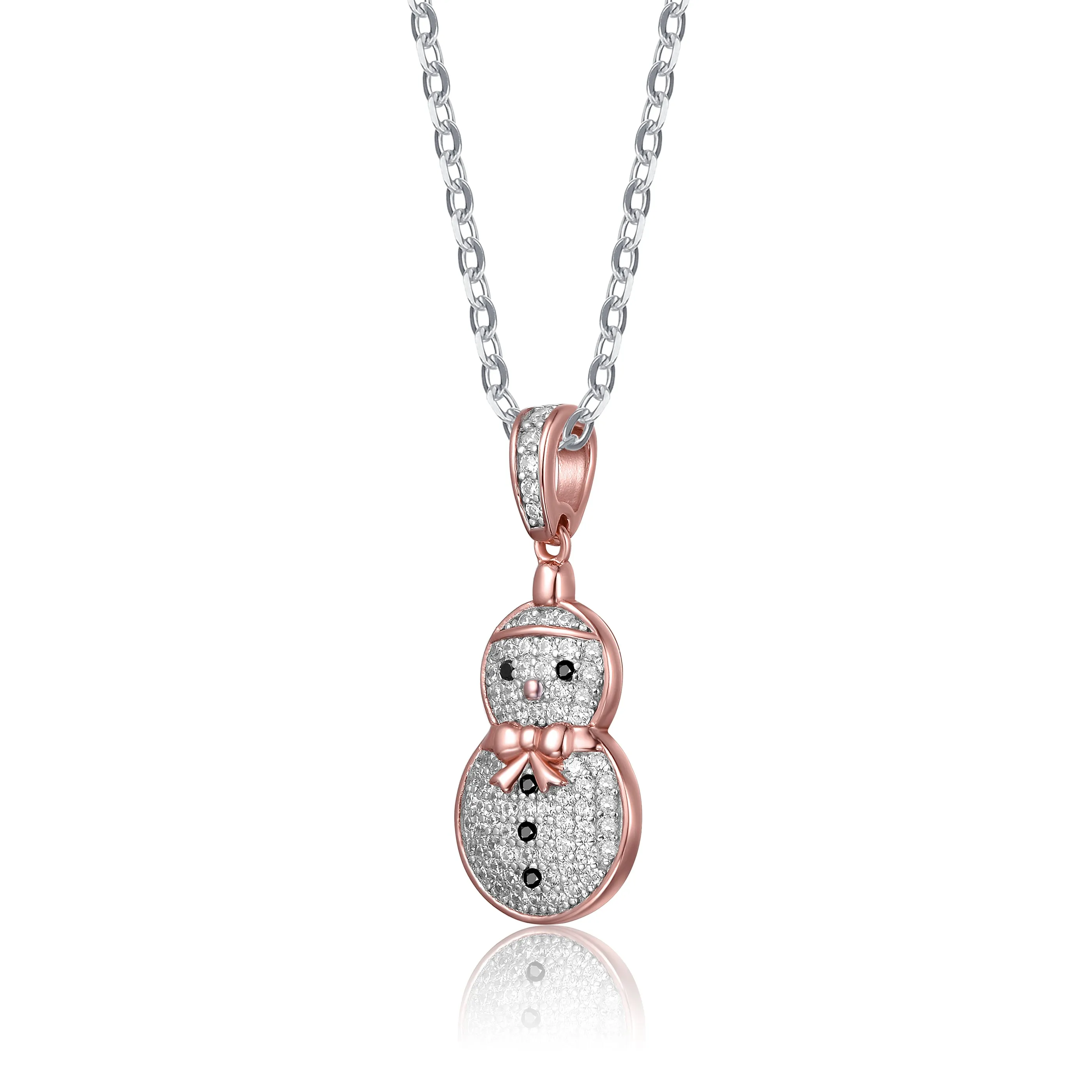 Rhodium Plated Sterling Silver Cubic Zirconia Snowman Pendant Necklace