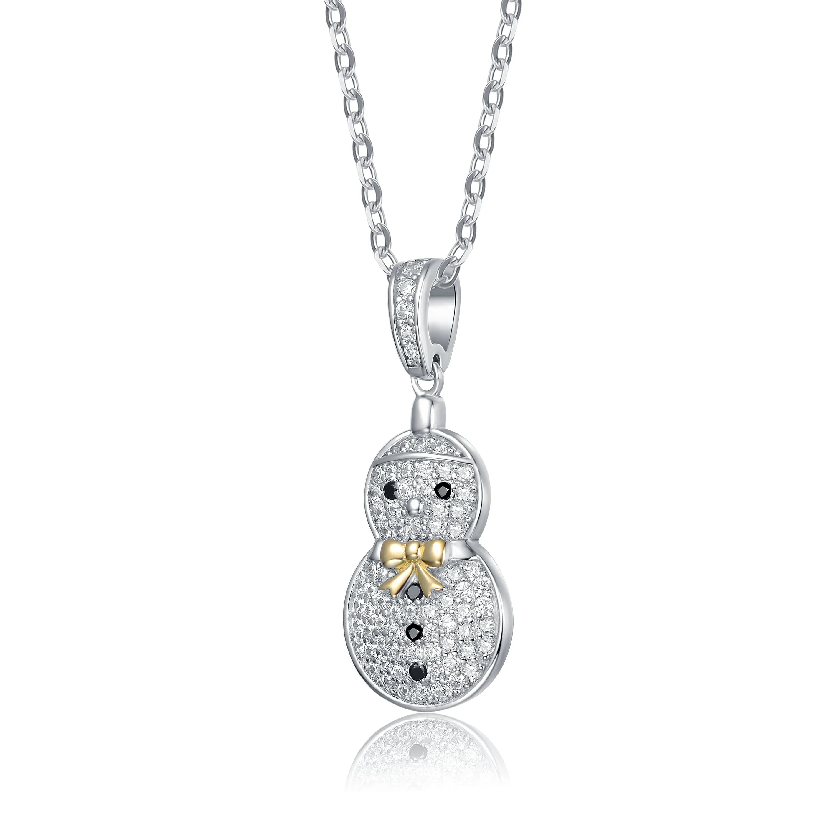 Rhodium Plated Sterling Silver Cubic Zirconia Snowman Pendant Necklace