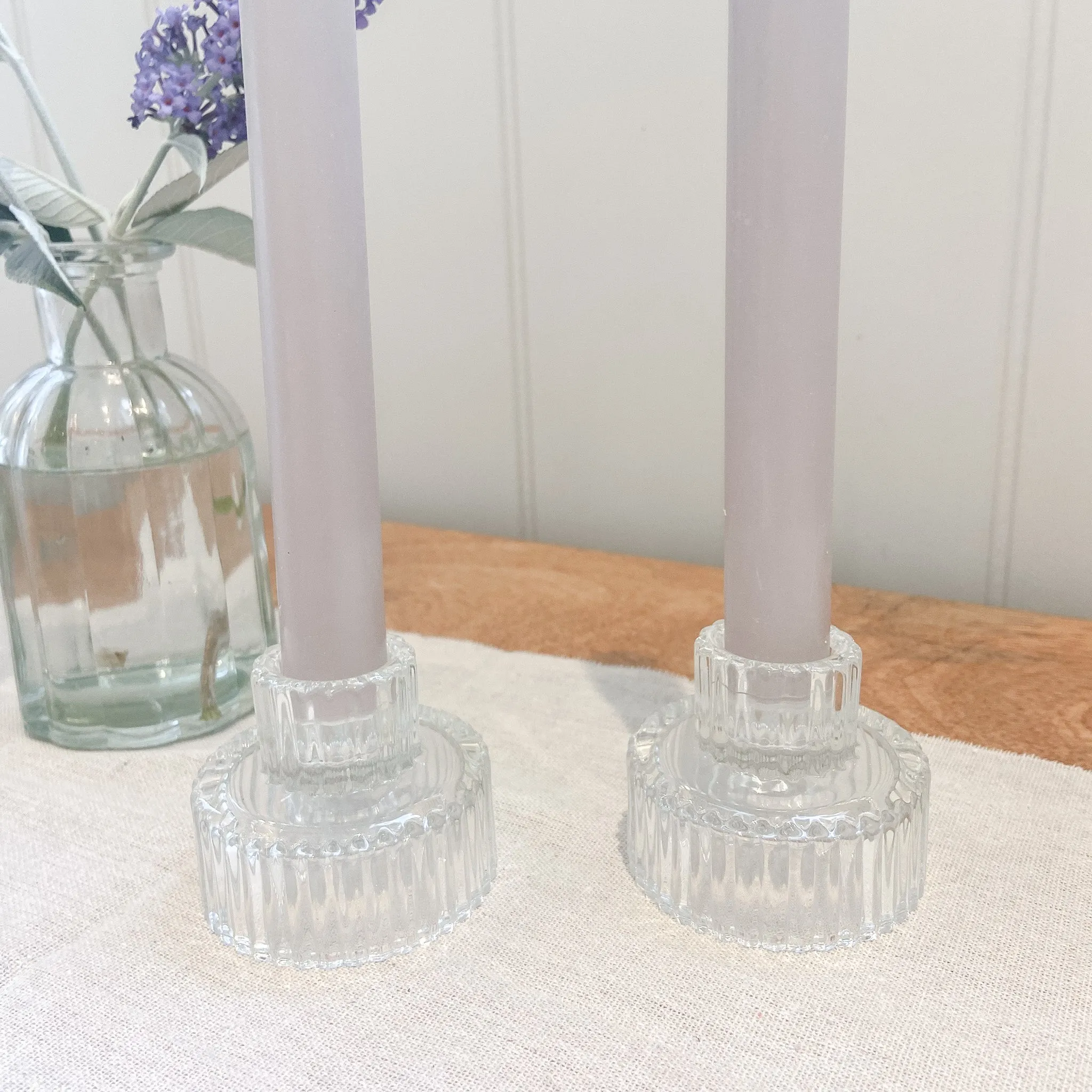 Ribbed Glass Candlestick Holders - Set of 2