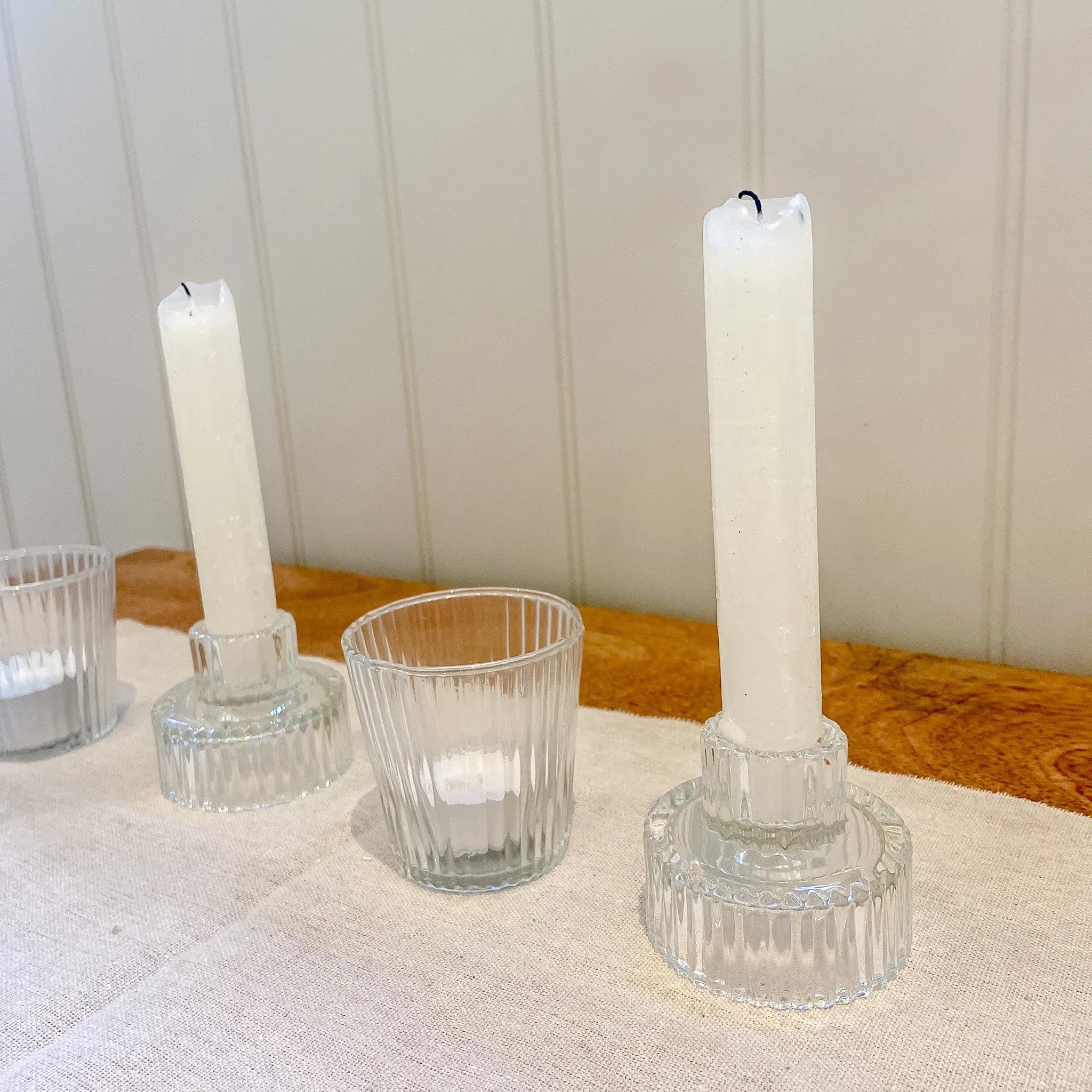 Ribbed Glass Candlestick Holders - Set of 2