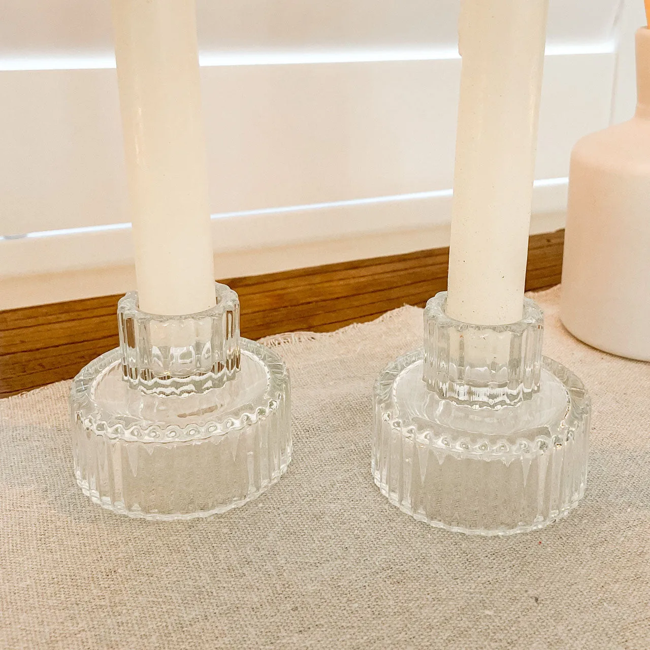 Ribbed Glass Candlestick Holders - Set of 2