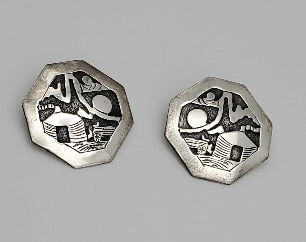 Running Bear - Handmade Vintage Sterling Silver Octagonal Hut Scene Earrings