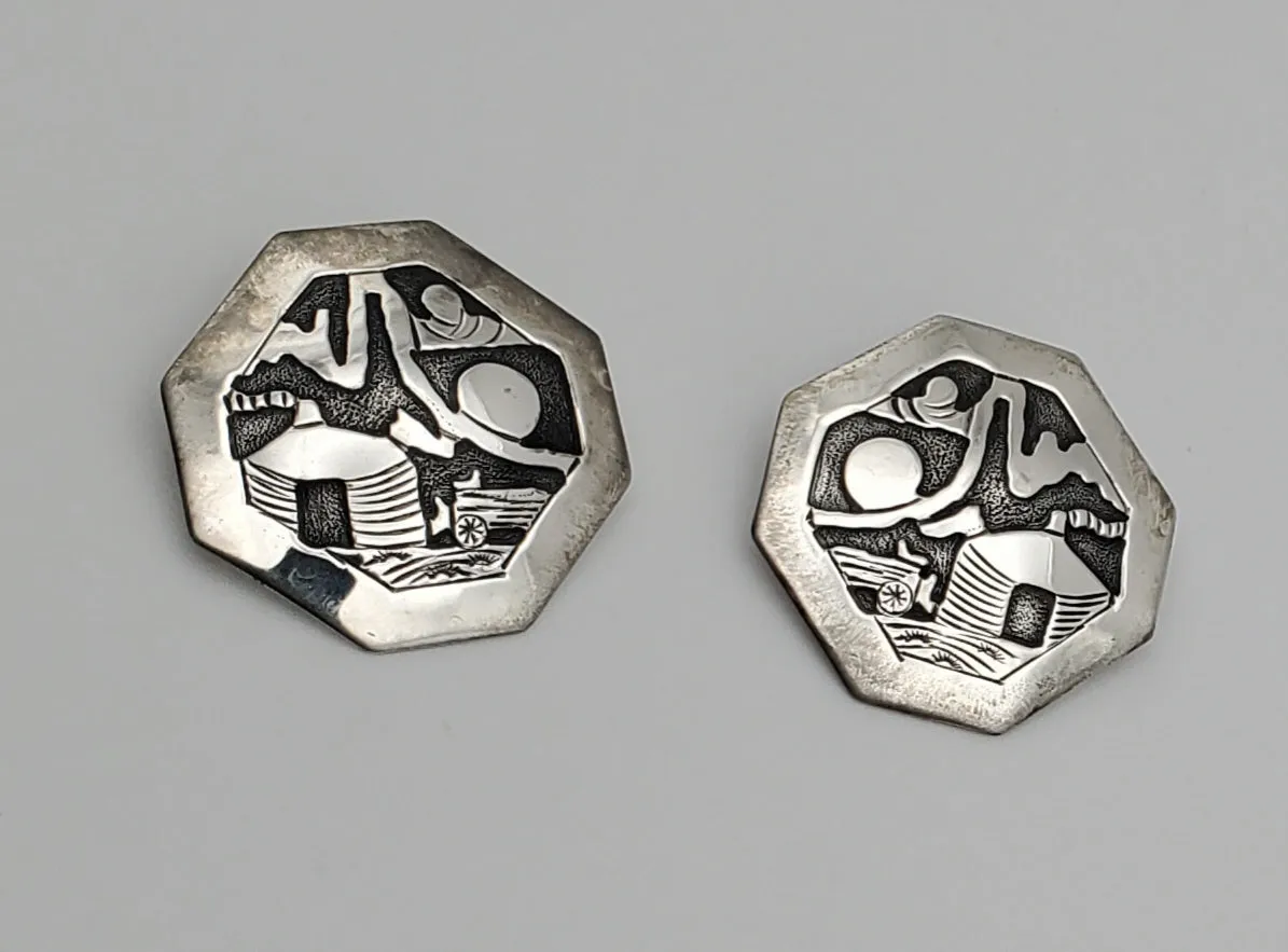 Running Bear - Handmade Vintage Sterling Silver Octagonal Hut Scene Earrings