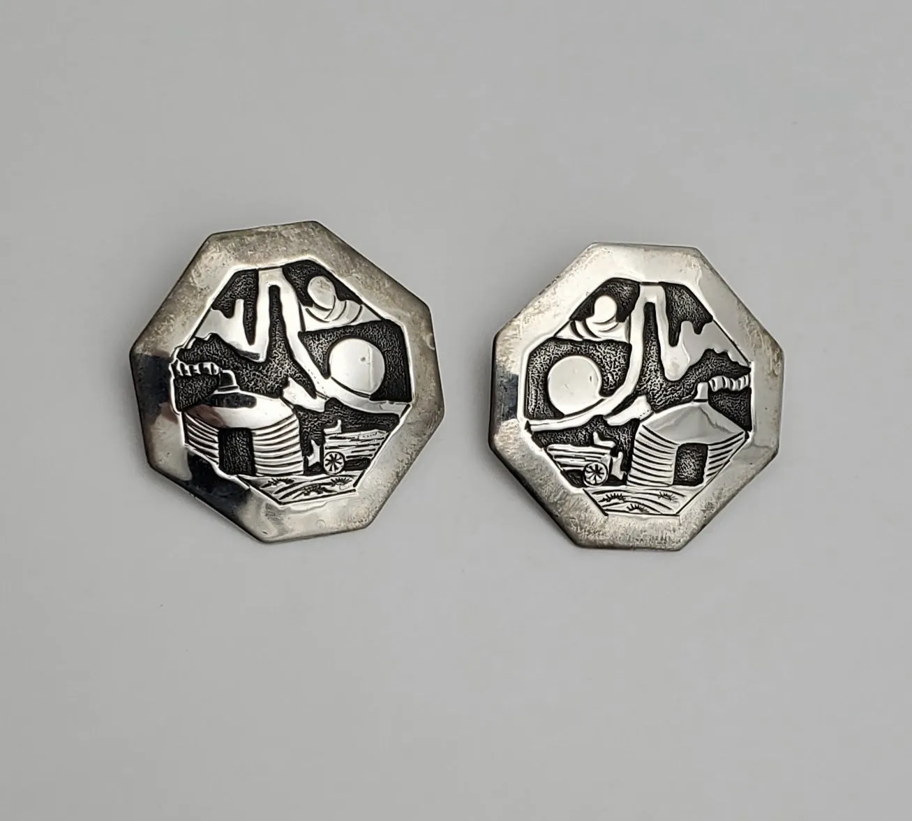 Running Bear - Handmade Vintage Sterling Silver Octagonal Hut Scene Earrings