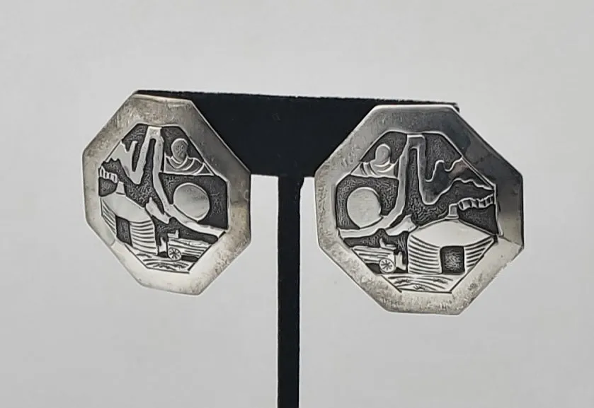 Running Bear - Handmade Vintage Sterling Silver Octagonal Hut Scene Earrings