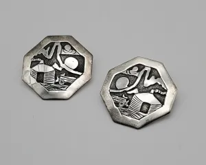 Running Bear - Handmade Vintage Sterling Silver Octagonal Hut Scene Earrings