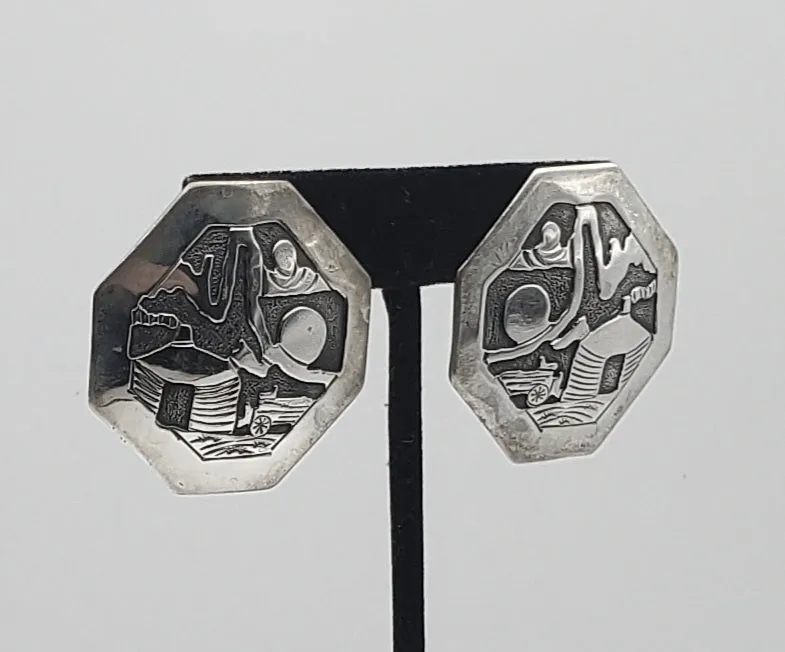 Running Bear - Handmade Vintage Sterling Silver Octagonal Hut Scene Earrings