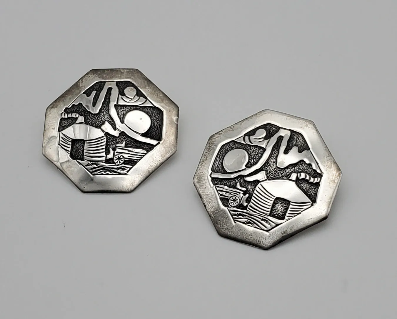 Running Bear - Handmade Vintage Sterling Silver Octagonal Hut Scene Earrings