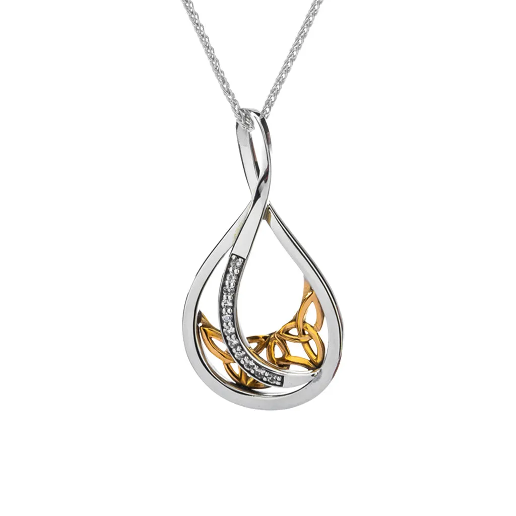 Silver and 10k Gold Trinity Teardrop Pendant-White Sapphire-Large