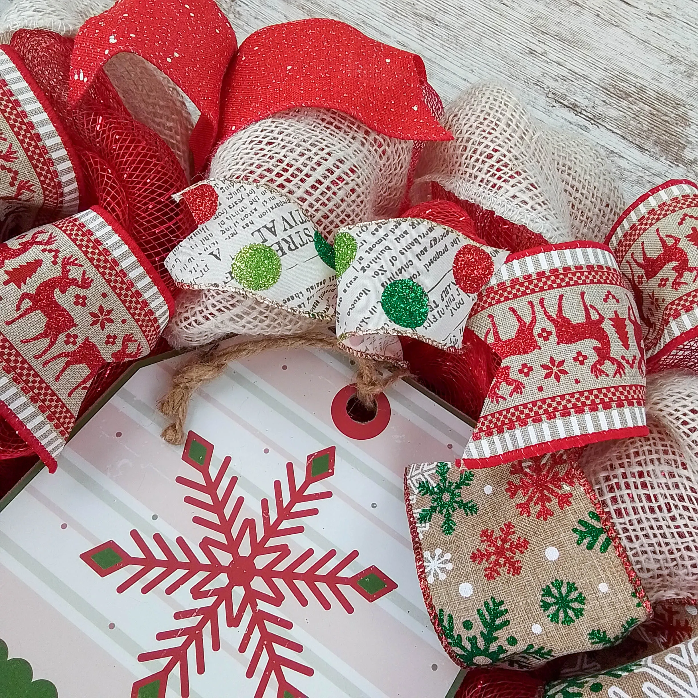 Snowflake Merry Christmas Front Door Wreath - Rustic Jute Door Decoration - Red Green Burlap Beige Ivory