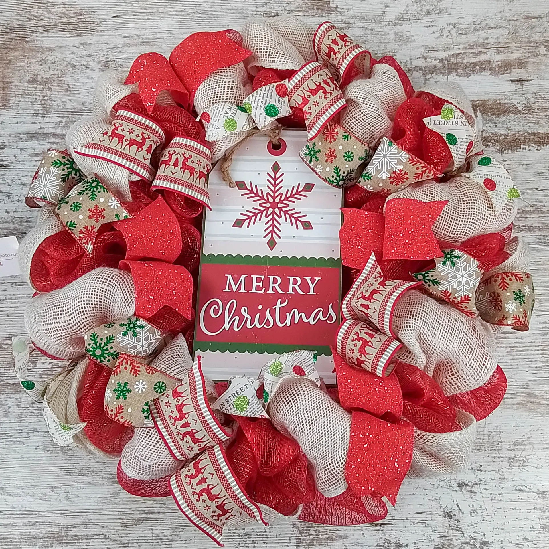 Snowflake Merry Christmas Front Door Wreath - Rustic Jute Door Decoration - Red Green Burlap Beige Ivory