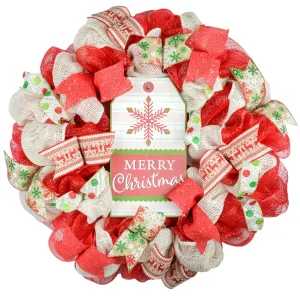 Snowflake Merry Christmas Front Door Wreath - Rustic Jute Door Decoration - Red Green Burlap Beige Ivory