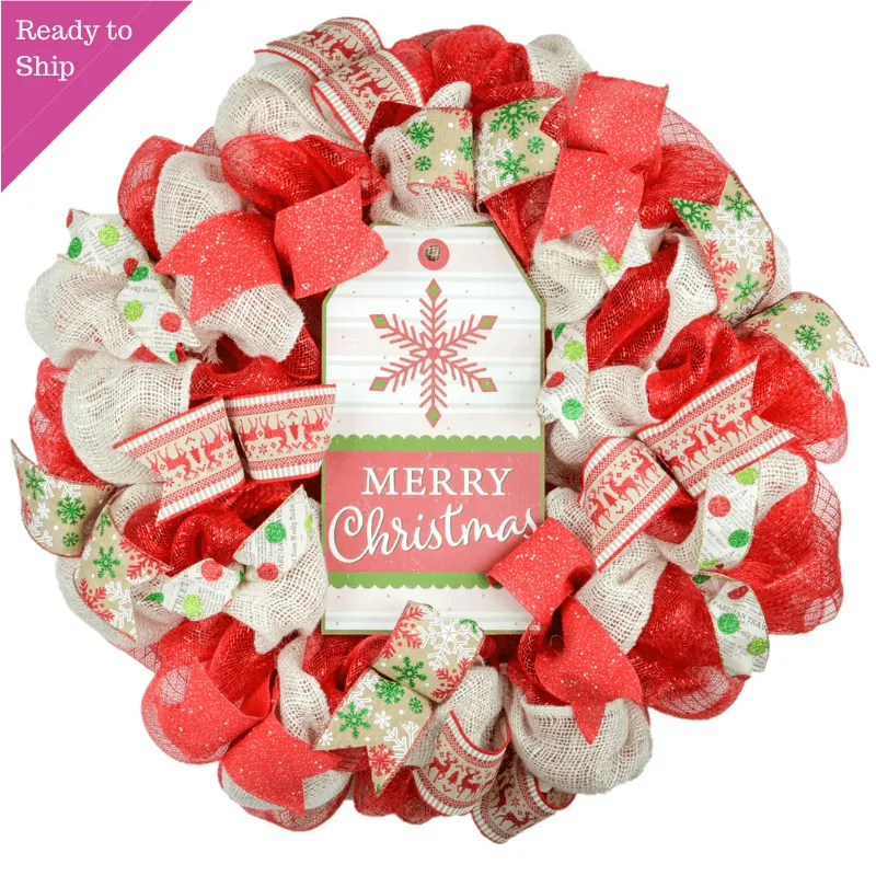 Snowflake Merry Christmas Front Door Wreath - Rustic Jute Door Decoration - Red Green Burlap Beige Ivory