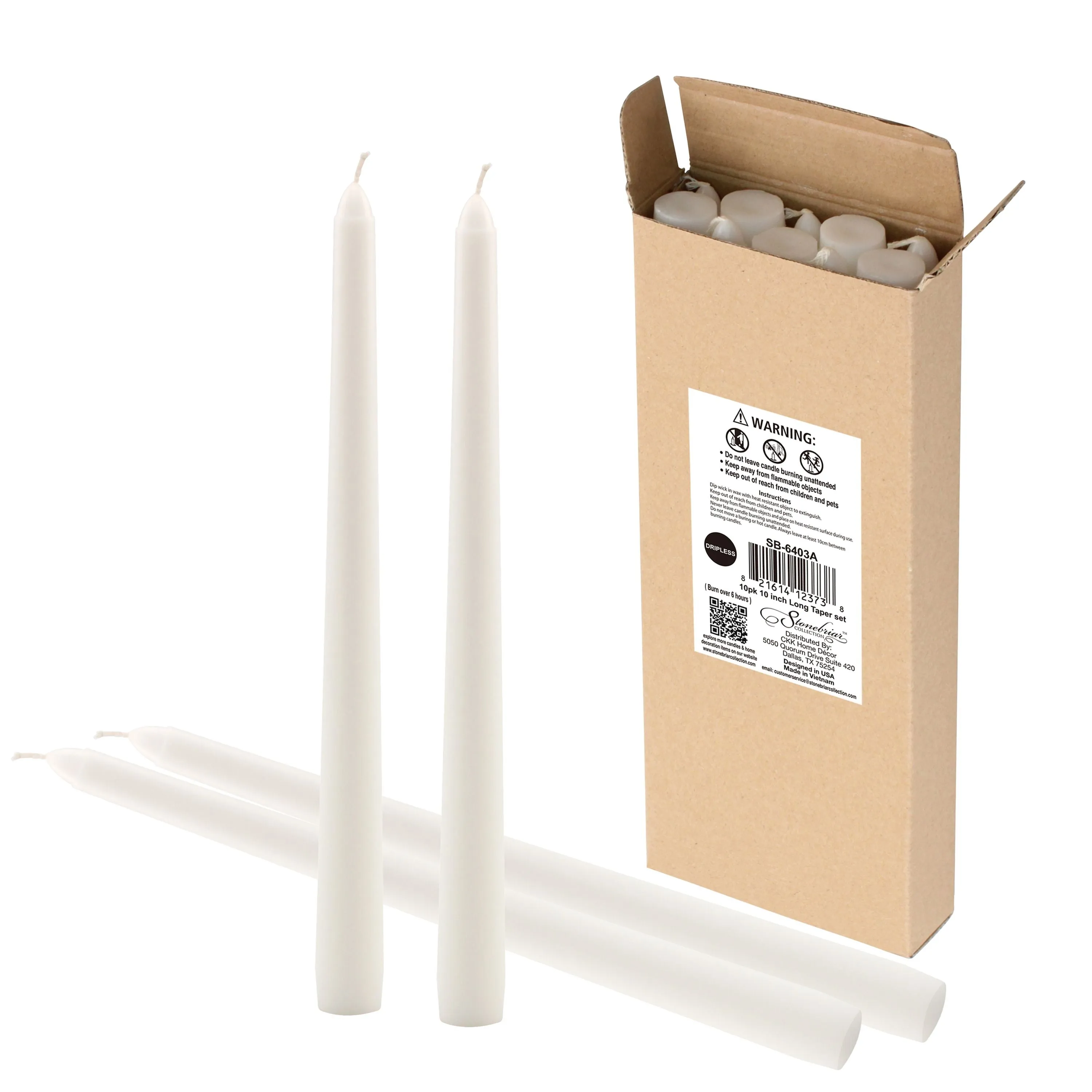 Tall 10" Unscented Dripless 10 Pack Taper Candles (WS)