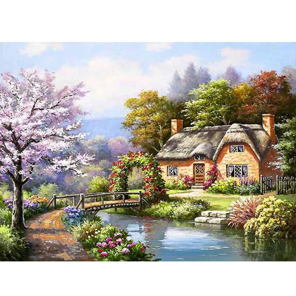 Village Scenery - 5D DIY Round Drill Diamond Painting (Canvas 50x40cm/19.69x15.71in )