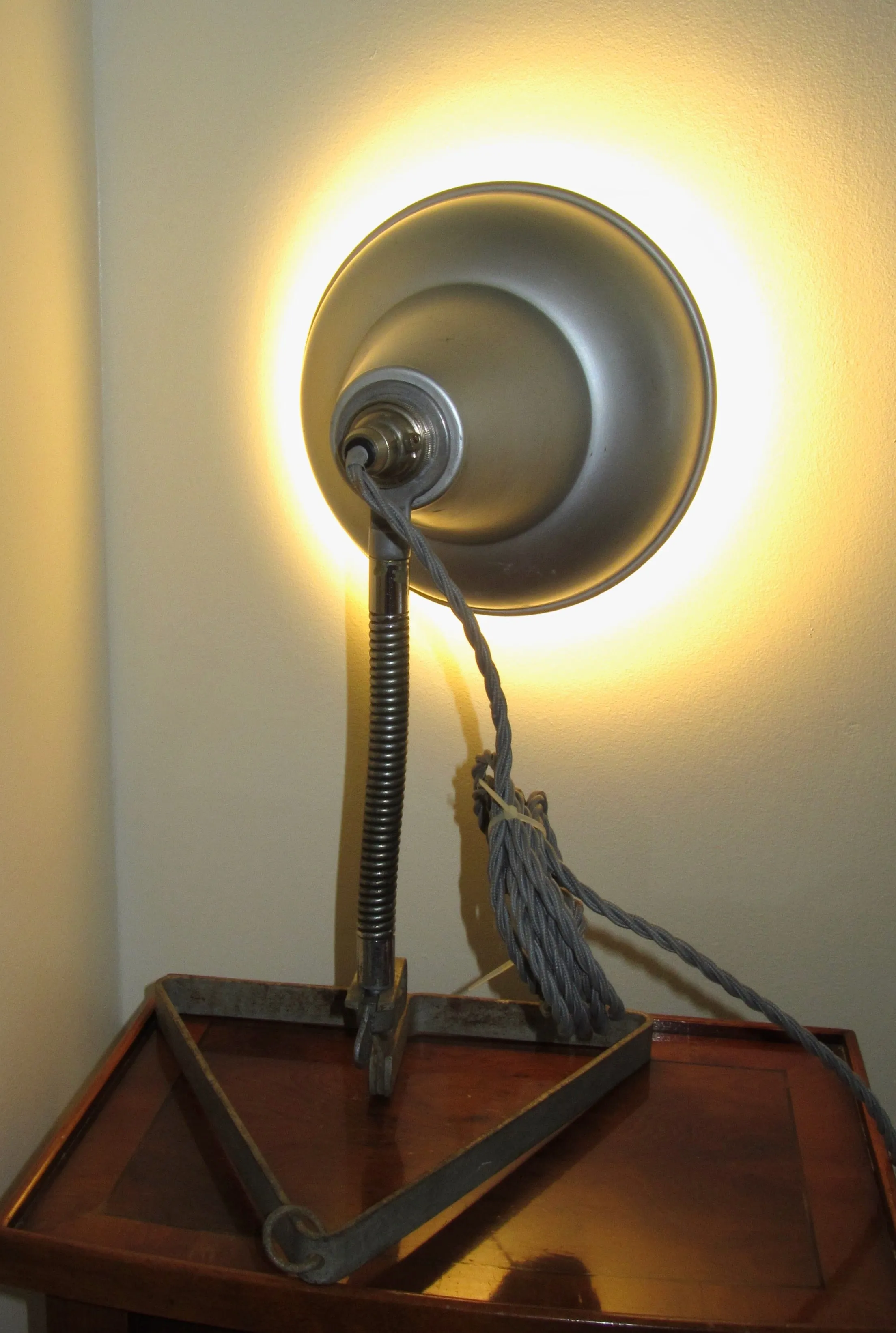 Vintage Industrial Desk Lamp With Metal Triangular Base And Metal Lampshade