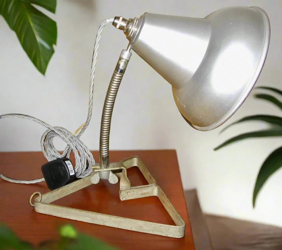 Vintage Industrial Desk Lamp With Metal Triangular Base And Metal Lampshade