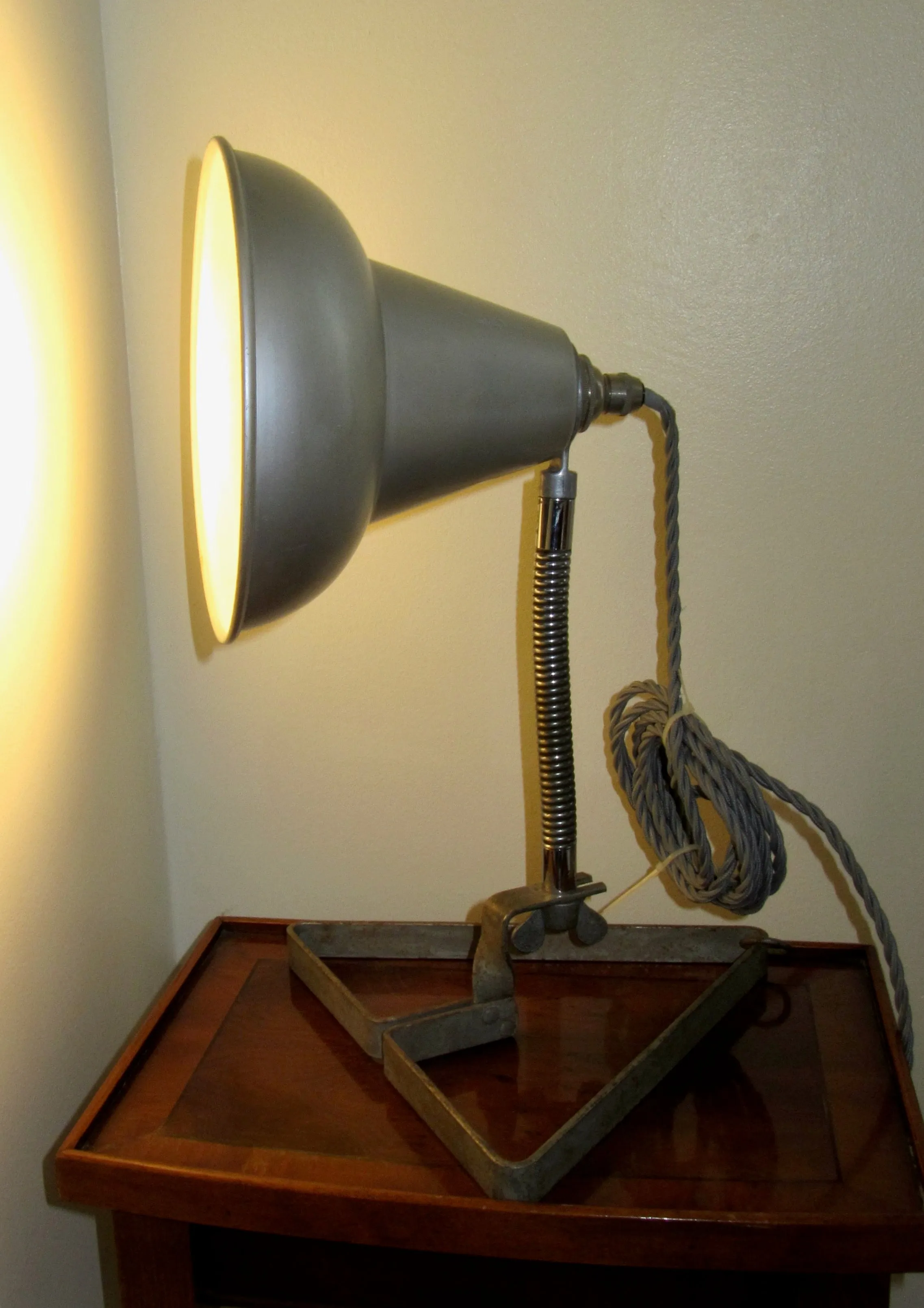 Vintage Industrial Desk Lamp With Metal Triangular Base And Metal Lampshade